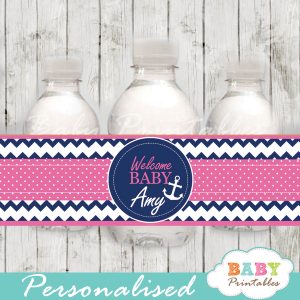 blue and pink personalized nautical baby shower bottle wrappers diy