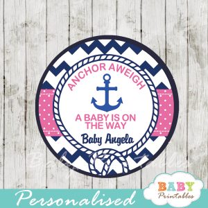 personalized navy and pink nautical anchor baby shower favor toppers