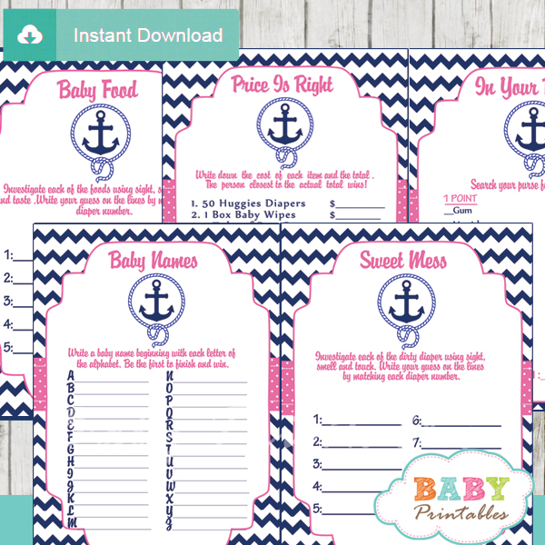 Navy & Pink Nautical Anchor Baby Shower Games - D196 ...