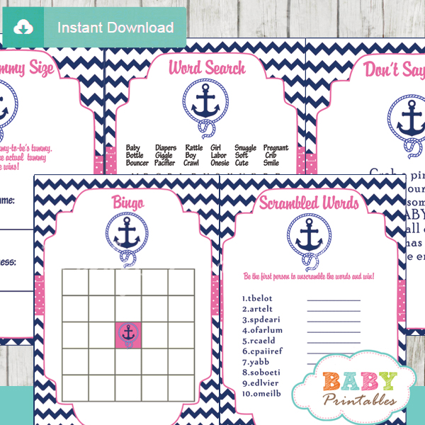 navy and pink printable nautical anchor baby shower games package