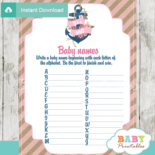 floral printable nautical anchor Name Race Baby Shower Game cards
