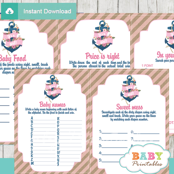 navy and pink printable nautical floral anchor baby shower games package
