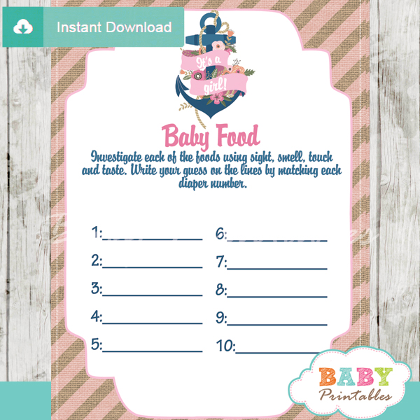 printable nautical floral anchor baby shower games blind tasting baby food