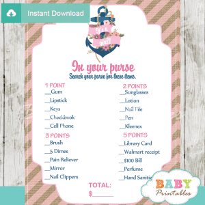 floral nautical anchor what's in your purse baby shower game printable