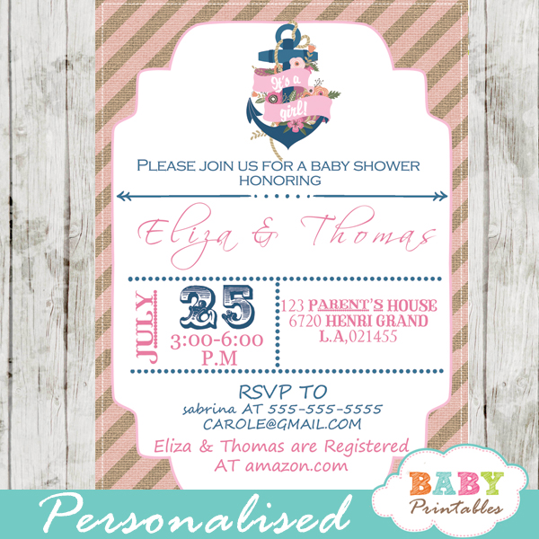 printable nautical anchor floral baby shower invitations girl burlap