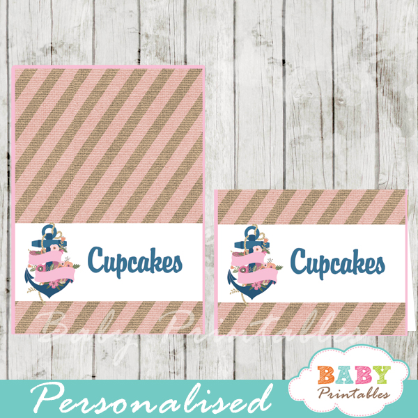 blue and pink printable floral anchor nautical personalized food label cards