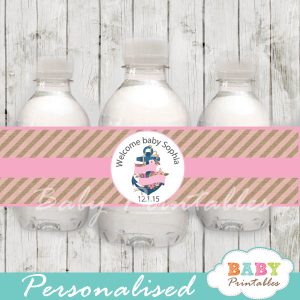 blue and pink floral anchor personalized nautical baby shower bottle wrappers diy