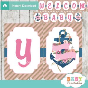 blue pink printable nautical floral anchor baby shower banner decoration personalized