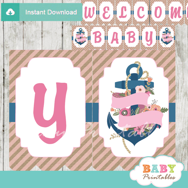 blue pink printable nautical floral anchor baby shower banner decoration personalized