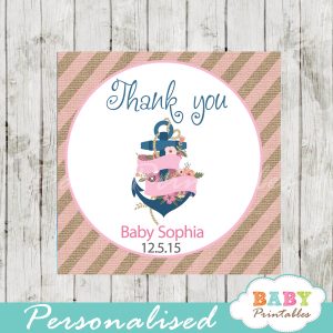 floral anchor navy and pink printable custom nautical baby shower favor tags