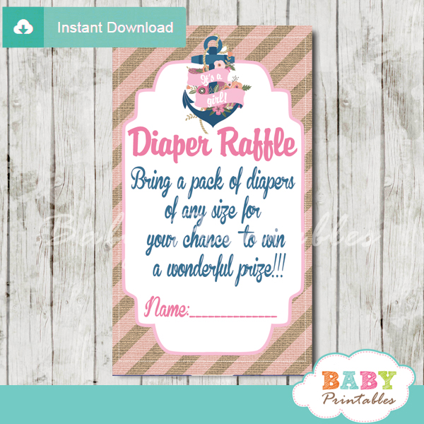 floral anchor blue and pink printable nautical diaper raffle game cards baby shower