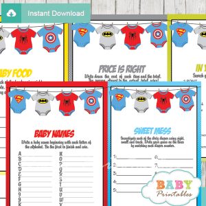 printable superhero baby shower games package