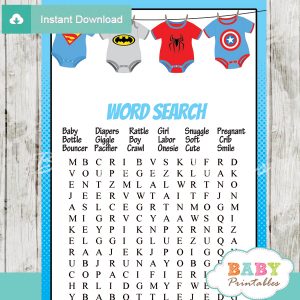 superhero baby shower word search game printable puzzles