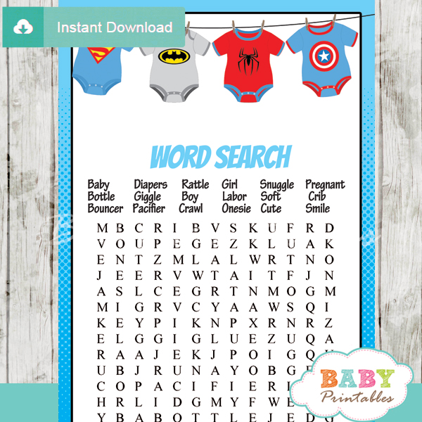 210 Super Hero Onesie Baby Shower Games Word Search Baby Printables