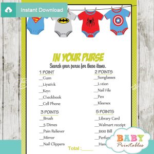 superhero what's in your purse baby shower game printable