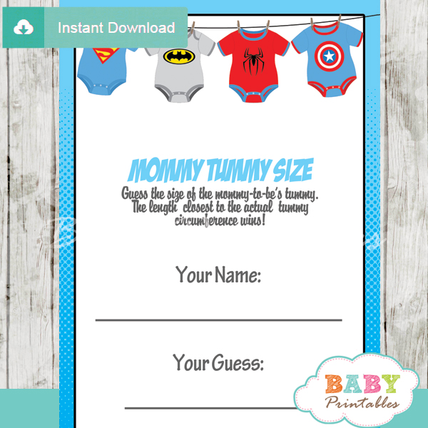 superhero printable measure the belly baby shower game