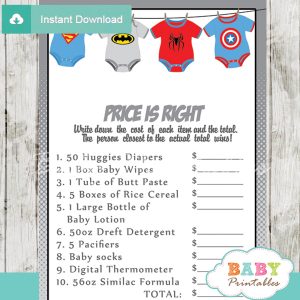 superhero Price is Right Baby Shower Games printable pdf