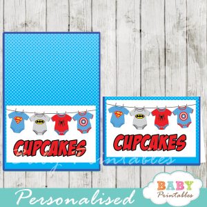 printable superhero jumpsuits personalized food label cards