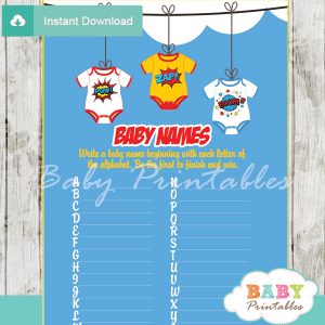 printable superhero Name Race Baby Shower Game cards