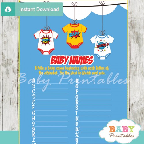 Comic Superhero Bodysuits Baby Shower Games - D211 - Baby Printables