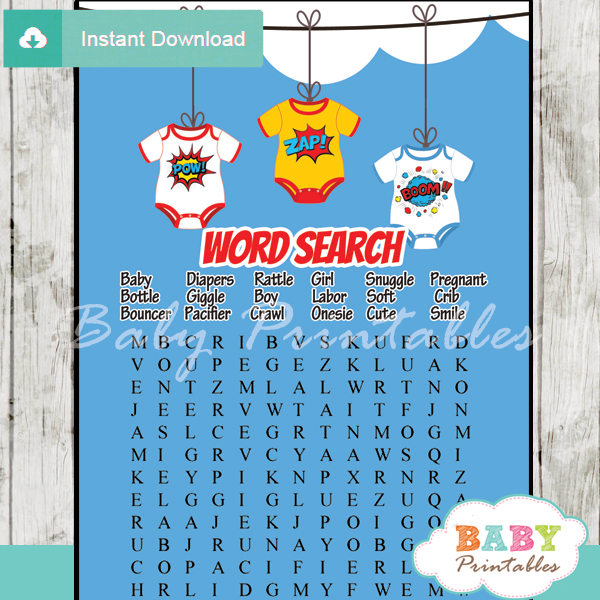 superhero baby shower word search game printable puzzles