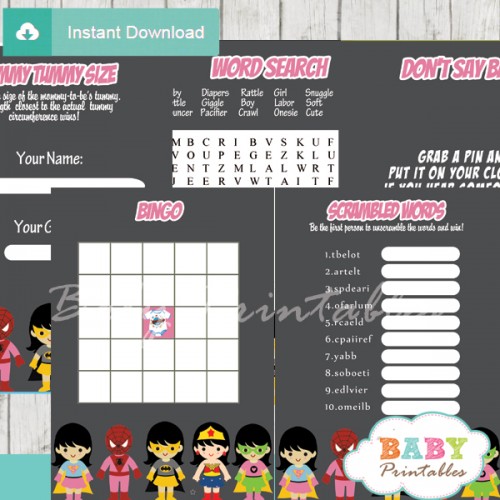 Superhero Girls Baby Shower Games - D212 - Baby Printables