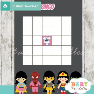 girl superhero printable baby shower bingo game cards
