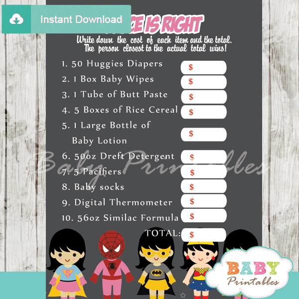 girl superhero Price is Right Baby Shower Games printable pdf