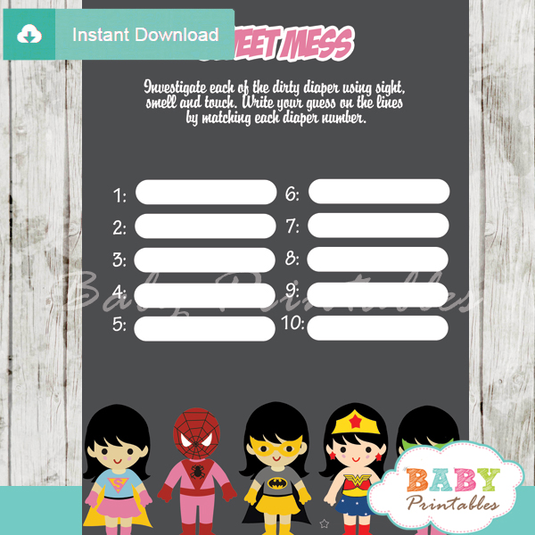 printable superhero girl Baby Shower Game Guess the Sweet Mess Dirty Diaper