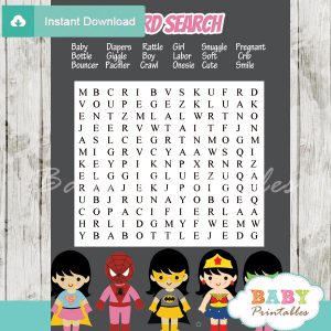 superhero girl baby shower word search game printable puzzles