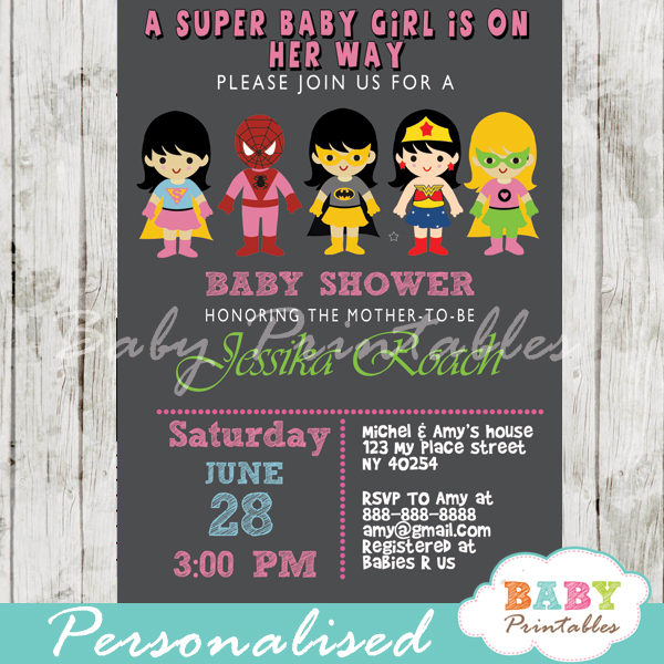 BAM Shaped Fill-in Invitations Baby Shower or Birthday Party Invitation Cards with Envelopes Girl Superhero Set of 12