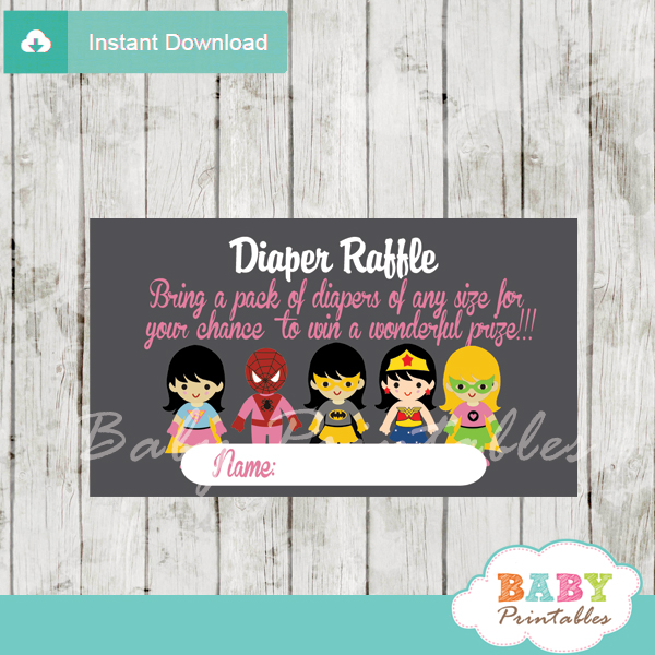 printable superhero girl diaper raffle game cards baby shower
