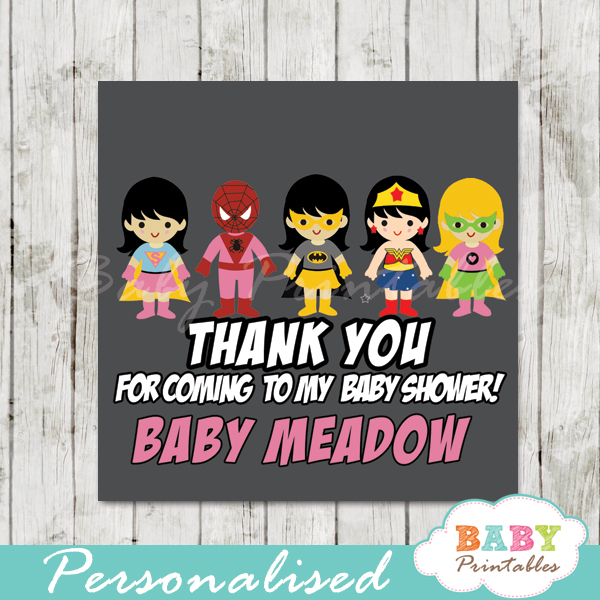 printable custom superhero baby girls favor gift tags