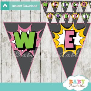 girl printable comic superhero welcome banner decoration personalized