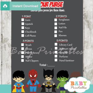 boy superhero what's in your purse baby shower game printable