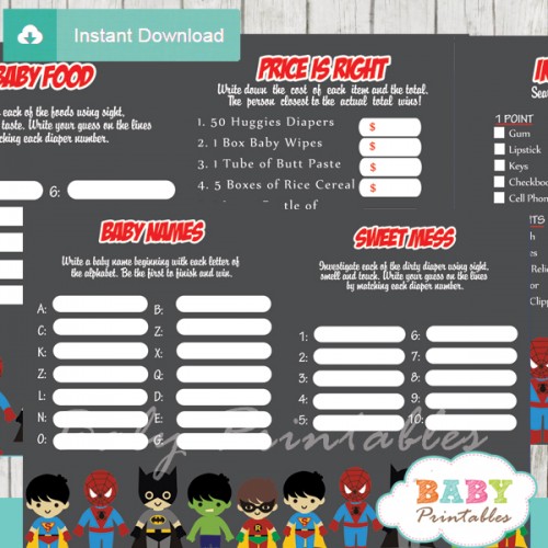 Superhero Boys Baby Shower Games - D213 - Baby Printables