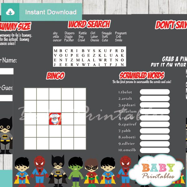 Superhero Boys Baby Shower Games D213 Baby Printables