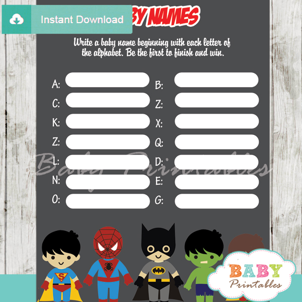 boy printable superhero Name Race Baby Shower Game cards
