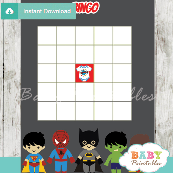 boy superhero printable baby shower bingo game cards