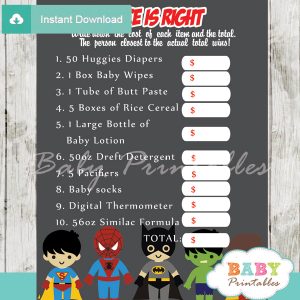 boy superhero Price is Right Baby Shower Games printable pdf