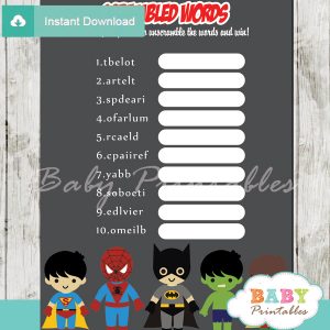boy superhero printable baby shower unscramble words game