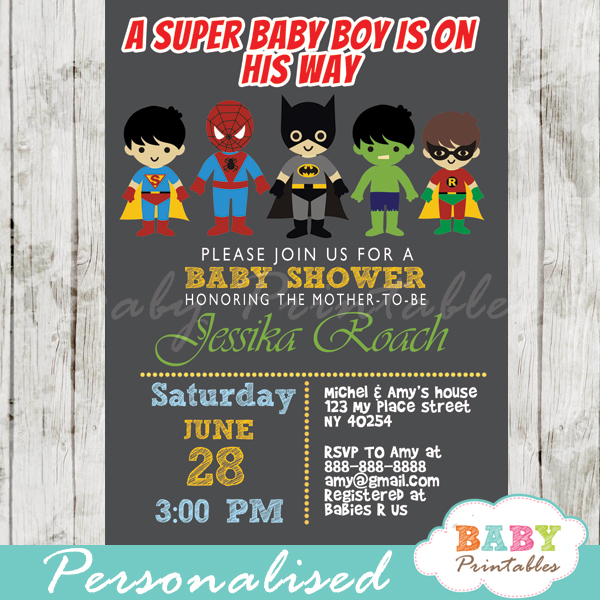 printable superhero baby boys shower invitation personalized