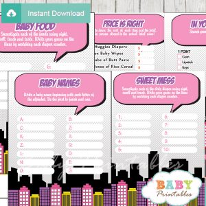 printable comic book girl baby shower games package