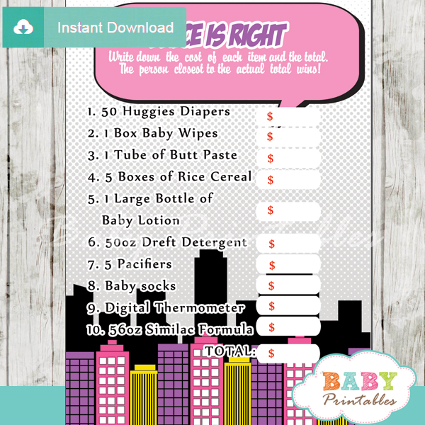 girl comic book Price is Right Baby Shower Games printable pdf