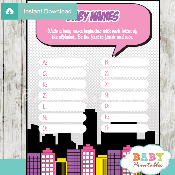 girl comic book printable Name Race Baby Shower Game cards