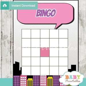 girl comic book printable baby shower bingo game cards