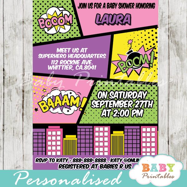 Retro Comic Book Baby Shower Invitation Girls D214 Baby Printables