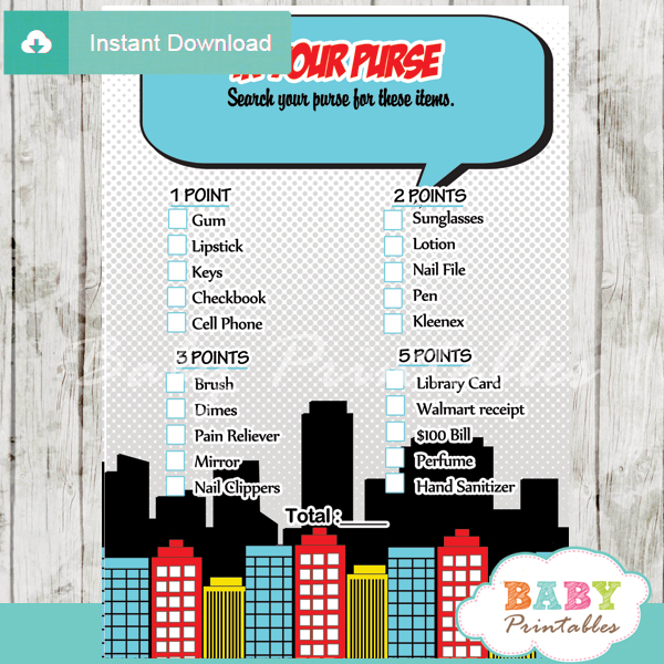 boy comic book what's in your purse baby shower game printable
