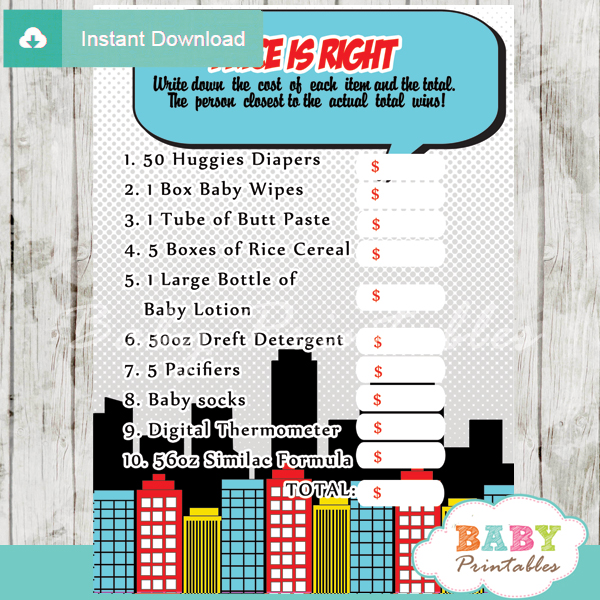 boy comic book Price is Right Baby Shower Games printable pdf