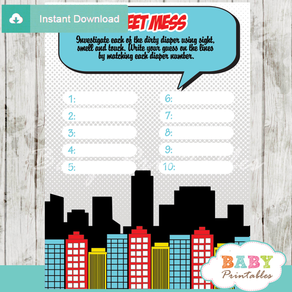 printable boy comic book Baby Shower Game Guess the Sweet Mess Dirty Diaper